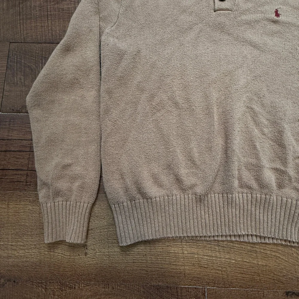 Polo Ralph Lauren Sweater Mens Medium Tan Mock Neck Quarter Button Cotton Knit